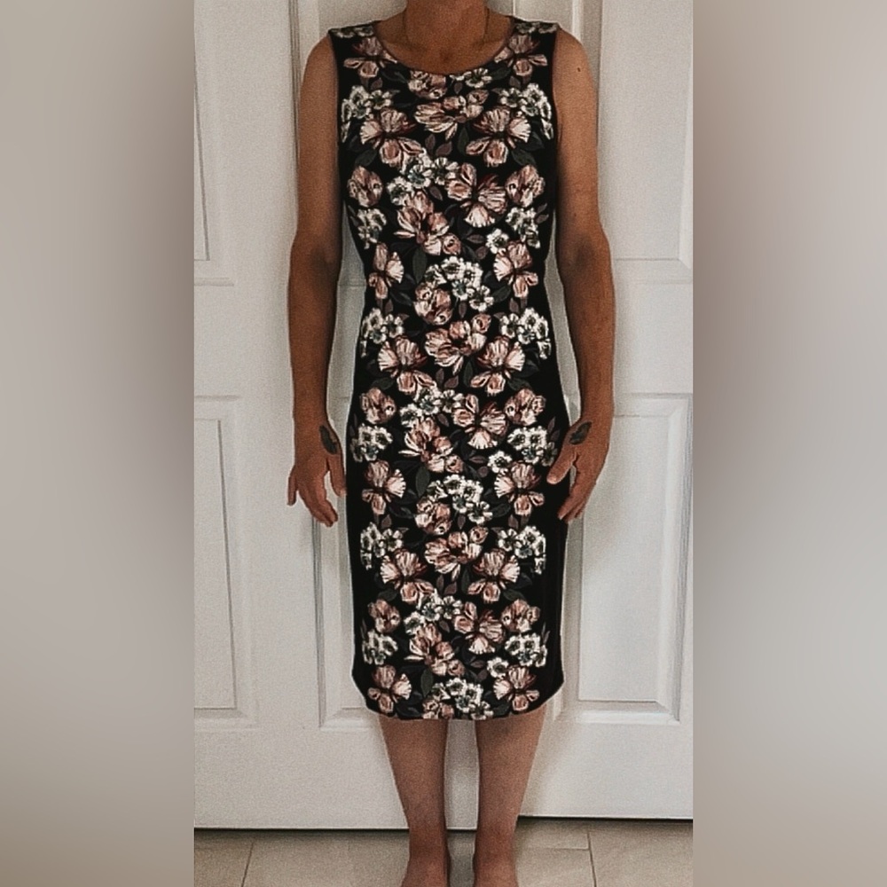White House Black Market Floral Midi Dress - Black and Pink